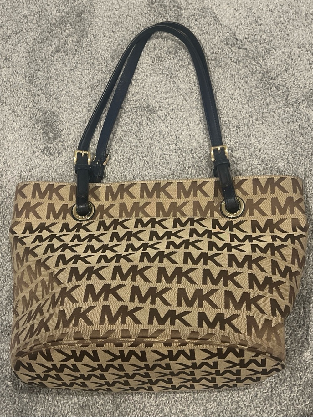 Michael Kors Brown & Tan MK Logo Tote with Navy Straps